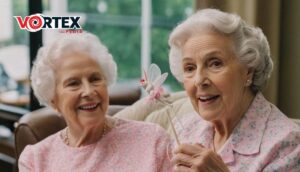 Two elderly grandmothers with a flower fairy toy, sitting indoors.